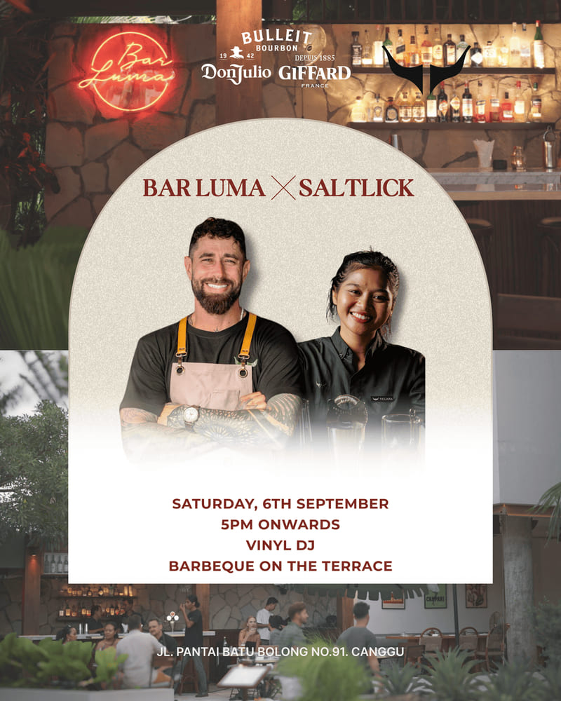 Bar Luma × Saltlick flyer: two chefs in aprons framed inside an arch