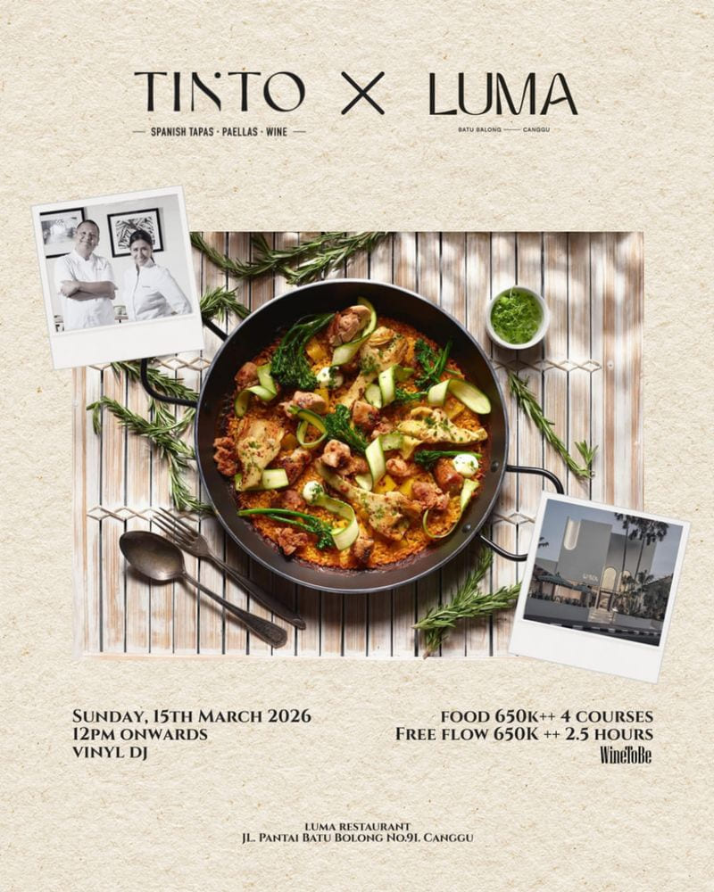 Tinto × Luma flyer: an overhead pan of seafood and greens on a pale ground