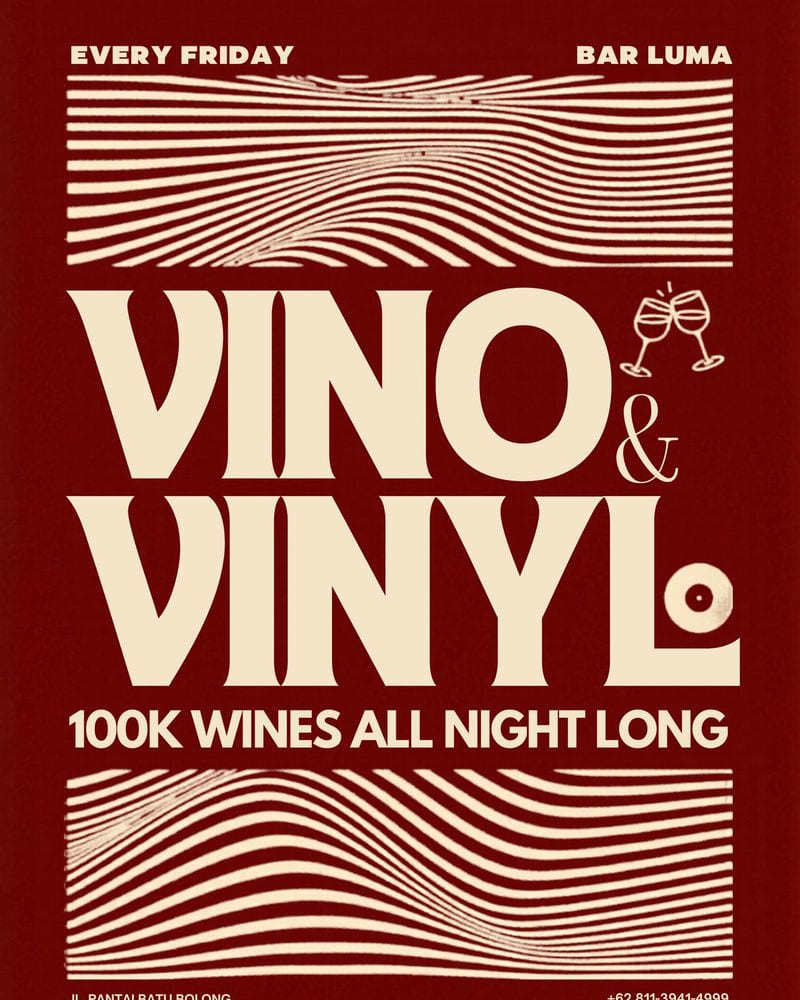 Vino & Vinyl poster in deep red with wavy line art, reading 100K wines all night long